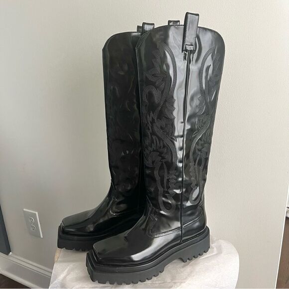 Jeffrey Campbell Night Ride Western Lug Sole Black Knee High Boots Size 9 NWOB